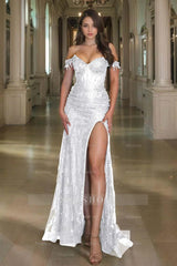 Off the Shoulder Sleeveless Long Split Formal Dress With Sequins
