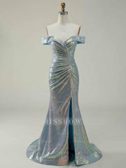 Off-the-Shoulder Sleeveless Mermaid/Trumpet Floor-Length Gown with Side Split Sequins and Ruffles