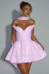 Off the Shoulder Sleeveless Short A Line Formal Dress With Sequin