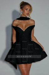 Off the Shoulder Sleeveless Short A Line Formal Dress With Sequin