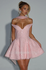 Off the Shoulder Sleeveless Short A Line Formal Dress With Sequin
