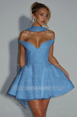 Off the Shoulder Sleeveless Short A Line Formal Dress With Sequin