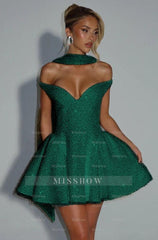 Off the Shoulder Sleeveless Short A Line Formal Dress With Sequin
