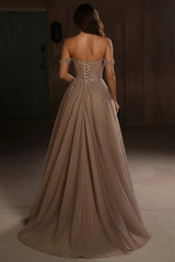 Off-the-Shoulder Sweetheart Beading Lace Applique Illusion Corset Tulle A-Line Prom Dress High Split Lace-Up Back Floor Length