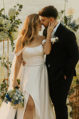 Off-the-Shoulder Sweetheart Clean Satin Crystal Waist Belt A-Line Wedding Dress Front Slit Chapel Train