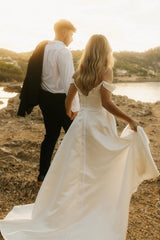 Off-the-Shoulder Sweetheart Clean Satin Crystal Waist Belt A-Line Wedding Dress Front Slit Chapel Train