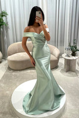 Off-the-Shoulder Sweetheart Cross-Draped Ruched Satin Mermaid Evening Dress with Oversized Side Overskirt Sweep Train