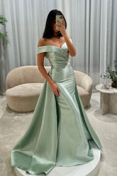 Off-the-Shoulder Sweetheart Cross-Draped Ruched Satin Mermaid Evening Dress with Oversized Side Overskirt Sweep Train