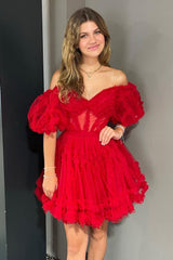 Off-the-Shoulder Sweetheart Puff Sleeve Eyelash Ruffle Tulle Structured Boned Corset Open Back Waist Bow-Tie Multi-Tier Flared A-Line Short Homecoming Dress