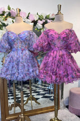Off-the-Shoulder Sweetheart Puff Sleeve Floral Printed Tulle Eyelash Ruffle Trim Waist Bow-Tie Flared A-Line Short Homecoming Dress