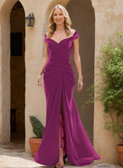 Off-the-shoulder Floor-Length Trumpet/Mermaid Mother Of the Bride Dresses Featuring Pleats Slit & Zipper