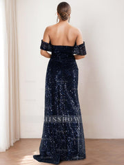 Off-the-shoulder Sequined Mother of the Bride & Groom Column Dress with Front Split