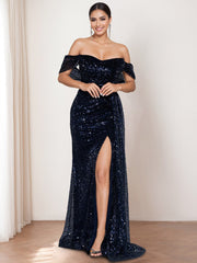 Off-the-shoulder Sequined Mother of the Bride & Groom Column Dress with Front Split