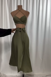 Olive Green Halter Sleeveless Corset A-Line Satin Cutout Midi Formal Evening Dress