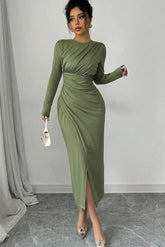 Sage high neck ruched bodycon evening dress