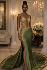 Olive Green Mermaid Prom Dress Strapless Illusion Deep V Sweetheart Sheer Illusion Boned Corset Gold Crystal 3D Baroque Scroll Floral Vine Beaded Waist Swirl Panel Satin Skirt Gold Lace Applique Hem High Split Cathedral Train Gown