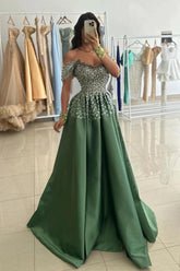 Olive Green Off-Shoulder Pearl Beaded Satin Ball Gown Floor Length Evening Dress