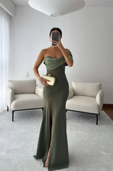 Olive Green Off-the-Shoulder Draped Sleeveless Satin Mermaid Floor Length Evening Dress