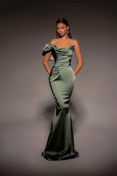 Sage off-the-shoulder ruffled mermaid evening dress