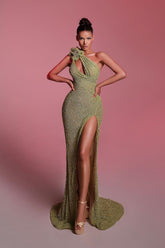 Olive green one shoulder rhinestone mermaid evening dress