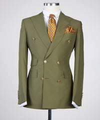 Olive Green Peak Lapel Double Breasted Slim Fit Prom Suits