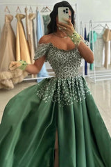 Olive Green Satin Off Shoulder Ball Gown Prom Dress Pearl Crystal Beaded Corset Sequin Floral Skirt High Slit Floor Length