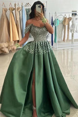 Olive Green Satin Off Shoulder Ball Gown Prom Dress Pearl Crystal Beaded Corset Sequin Floral Skirt High Slit Floor Length