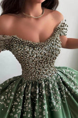 Olive Green Satin Off Shoulder Ball Gown Prom Dress Pearl Crystal Beaded Corset Sequin Floral Skirt High Slit Floor Length