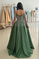 Olive Green Satin Off Shoulder Ball Gown Prom Dress Pearl Crystal Beaded Corset Sequin Floral Skirt High Slit Floor Length