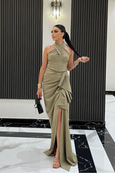 Olive high neck ruffled column evening dress
