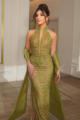 Olive high neck beaded mermaid evening dress