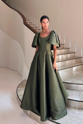 Olive Scoop Short Sleeve Satin Ruffled Ball Gown Floor Length Formal Evening Dress