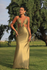 Olive spaghetti straps satin mermaid evening dress