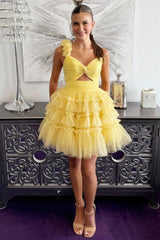 One Shoulder 3D Floral Strap Sweetheart Cutout Tiered Ruffle Tulle Lace-Up A-Line Homecoming Dress Mini