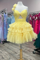 One Shoulder 3D Floral Strap Sweetheart Cutout Tiered Ruffle Tulle Lace-Up A-Line Homecoming Dress Mini