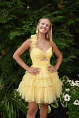 One Shoulder 3D Floral Strap Sweetheart Cutout Tiered Ruffle Tulle Lace-Up A-Line Homecoming Dress Mini