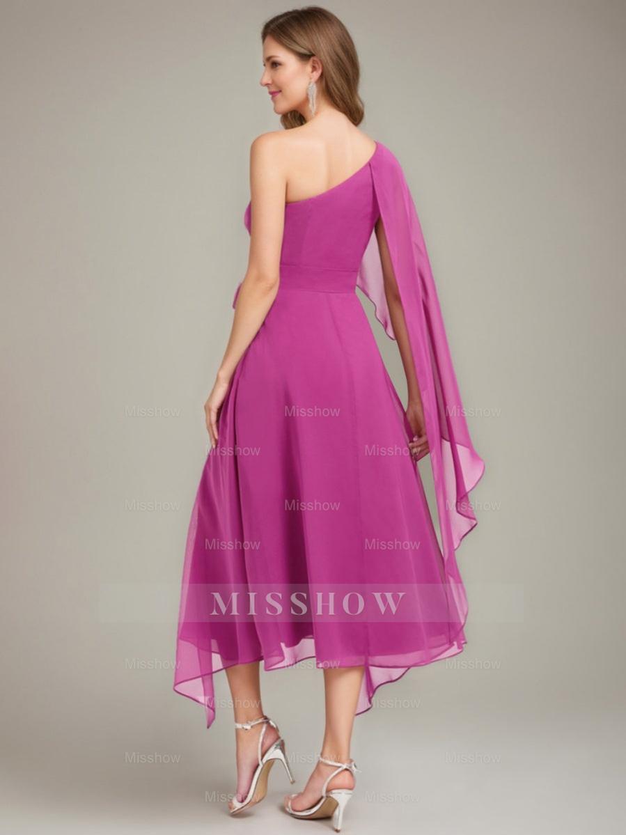 One-Shoulder A-Line Princess Dress with Asymmetrical Ruched Detail and Bow Sash for the Mother of the Bride