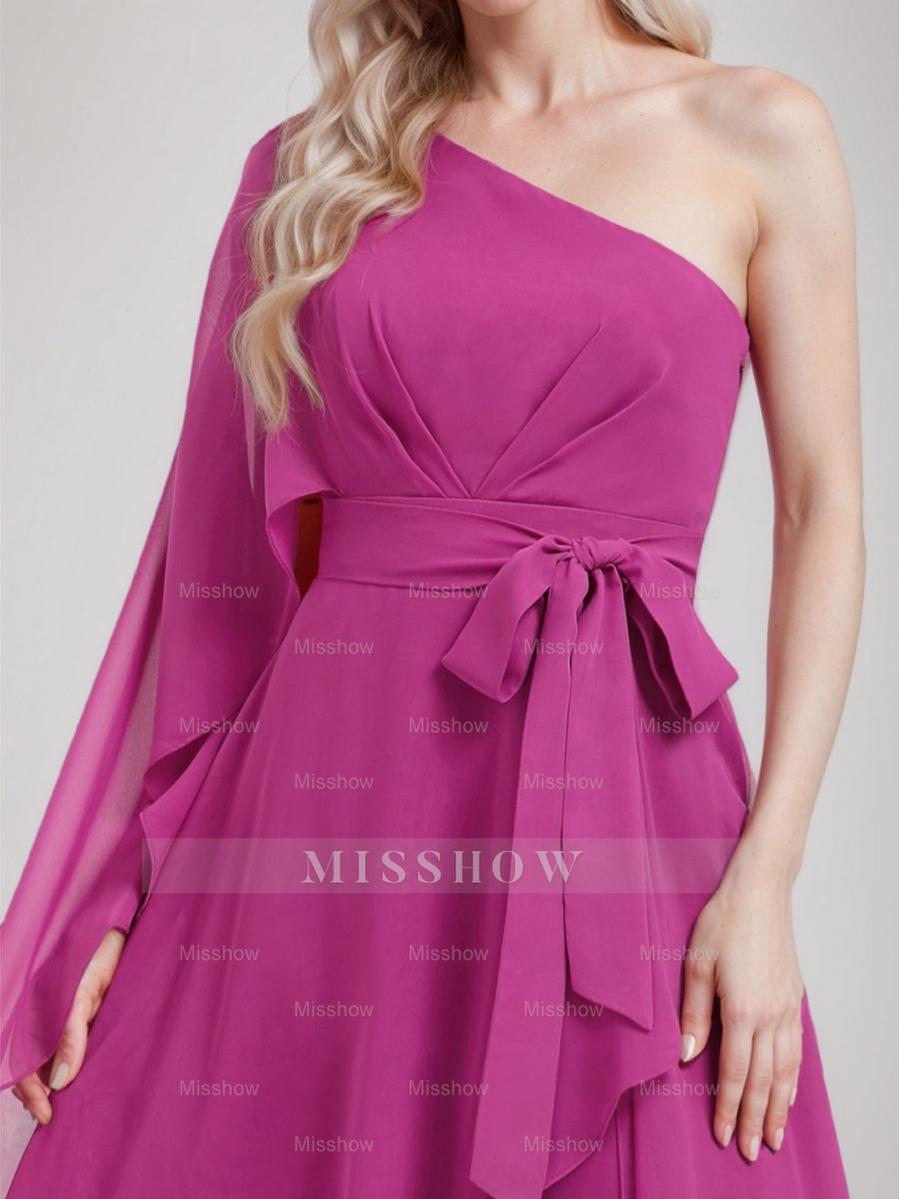 One-Shoulder A-Line Princess Dress with Asymmetrical Ruched Detail and Bow Sash for the Mother of the Bride