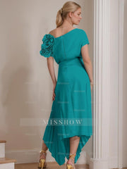One-Shoulder A-Line Princess Dress with Short Sleeves and Ruffles Ankle-Length for the Mother of the Bride