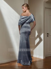 One-Shoulder A-Line Princess Floor-Length Mother of the Bride Dress with Short Sleeves and Side Split