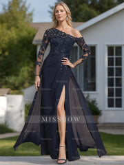 One-Shoulder Floor-Length A-Line Mother of the Bride Dress with Long Sleeves and High Slit