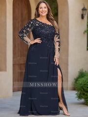 One-Shoulder Floor-Length A-Line Mother of the Bride Dress with Long Sleeves and High Slit