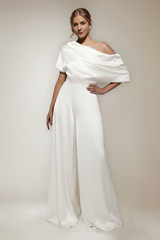 One Shoulder Floor-Length Short Sleeves Wide-Leg Mother of the Bride Jumpsuits