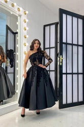 One Shoulder Long Sleeve Lace Applique Bodice Satin A-Line Tea Length Cocktail Dress