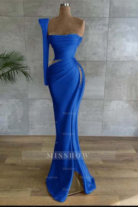 One Shoulder Long Sleeve Long High Split Formal Dress With Beading