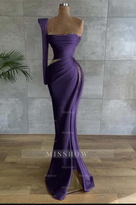 One Shoulder Long Sleeve Long High Split Formal Dress With Beading