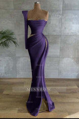One Shoulder Long Sleeve Long High Split Formal Dress With Beading
