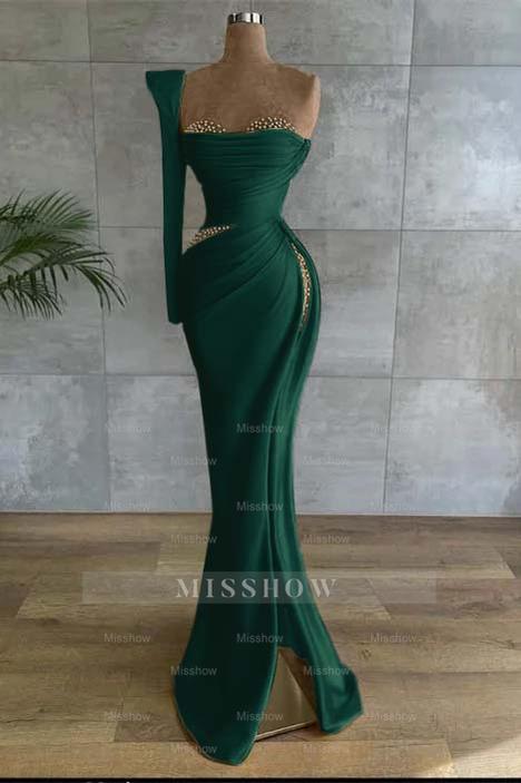 One Shoulder Long Sleeve Long High Split Formal Dress With Beading