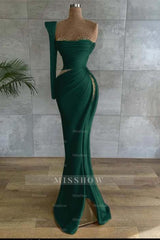 One Shoulder Long Sleeve Long High Split Formal Dress With Beading