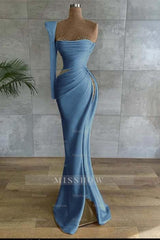 One Shoulder Long Sleeve Long High Split Formal Dress With Beading